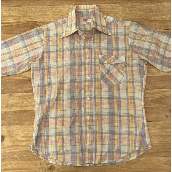 Vintage Levi's Mens L Pastel Plaid Short Sleeve Button Up Shirt Single Stitch - Picture 1 of 5